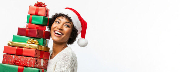 Woman with Christmas gifts in festive red hat smiling widely, holiday cheer and celebration