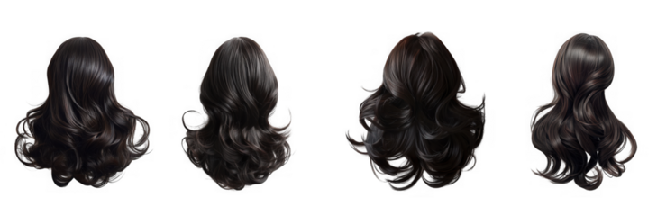 Four views of a dark curly wig, isolated on transparent background