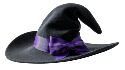 Witch Hat with a Purple Ribbon: A classic black witch hat, adorned with a vibrant purple ribbon and bow, embodies the enchanting spirit of a holiday.