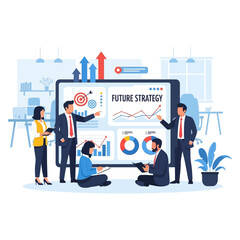 Professional business team discussing strategy and future goals &mdash; corporate planning and growth concept, flat vector illustration