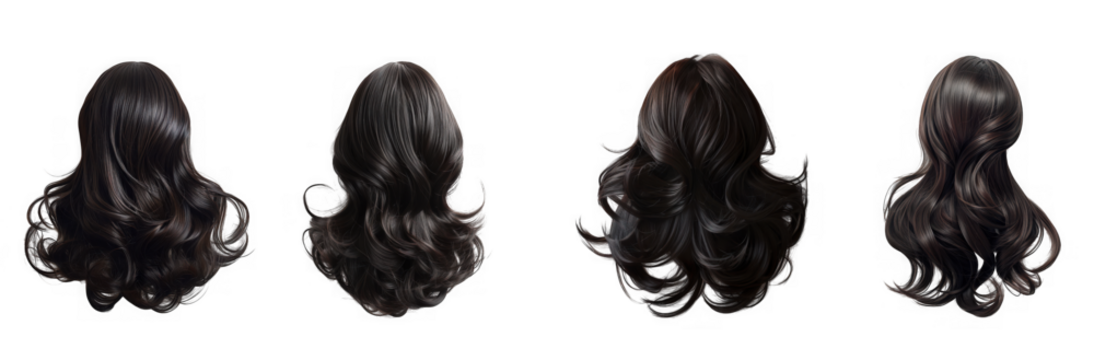 Four views of a dark curly wig, isolated on transparent background
