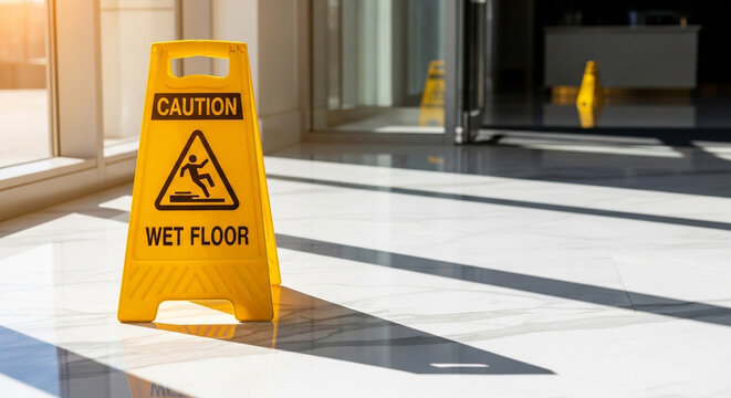 Wet floor sign near entryway on marble floor with sunlight through windows, safety precaution and hazard warning