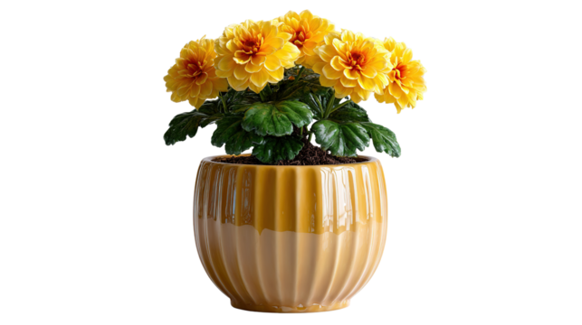 Golden Blooms in Earthy Embrace: A vibrant yellow flower in full bloom, nestled within a decorative ceramic pot, captures a moment of natural elegance and home decor charm.