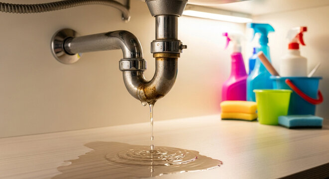 Leaking pipe under kitchen sink with water drip and puddle forming, plumbing repair and maintenance challenge