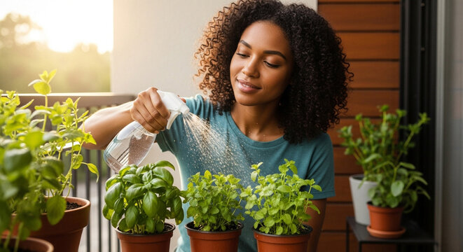 Woman watering balcony herbs with spray bottle, home gardening and plant care - Powered by Adobe