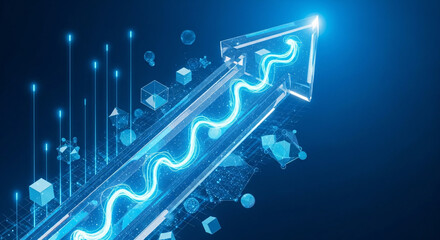 Arrow pointing up with digital line and cube on dark blue background