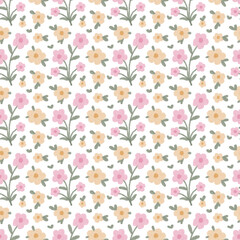 A cute seamless pattern of pink and orange flowers and leaves with green stems. A blank background for textiles, handkerchiefs, picnic mats, curtains, tablecloths, wrapping paper, and book covers.