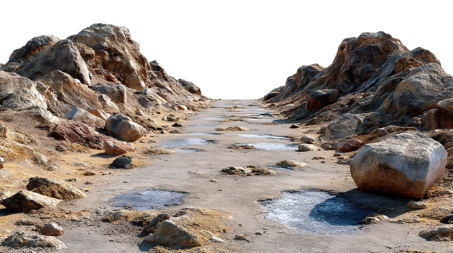 Rocky Path to the Horizon: The image presents a captivating natural scene of a rugged, rocky path. The path, lined by imposing rock formations, leads the eye toward the horizon.