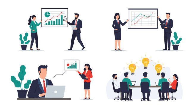 Business professionals presenting data and ideas in team meetings and office settings.