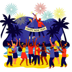 Joyful New Year Celebration on Tropical Beach with Fireworks.
