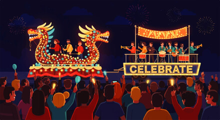 Vibrant Dragon Boat Festival Celebration with Festive Parade.