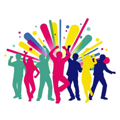 Vibrant Group of Silhouetted People Dancing Joyfully.