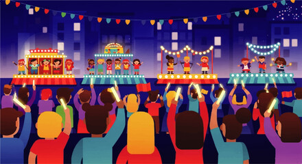 Vibrant Festival Celebration with Cheerful Crowd and Festive Lights.