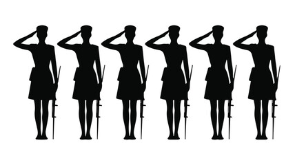 Obraz premium A black and white illustration showing six identical female military saluting silhouettes arranged in a horizontal line against on a transparent background.