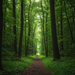 Obraz premium Lush greenery and towering trees define this serene forest park, offering a refreshing escape and scenic trails for outdoor activity ,serene ,park ,lush