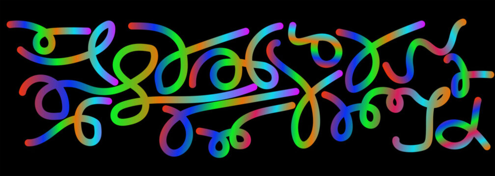 Abstract Gradient Color Lines. 3D Wave Shape Pattern. Vector Wavy Graphic Design Elements on Black Background. Organic Line Rainbow Color Ribbon