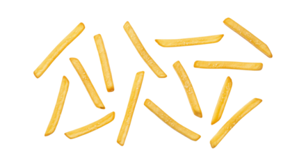 Scattered french fries isolated on transparent background, a popular fast food item