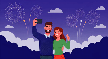 Couple Taking Selfie During Fireworks Celebration.