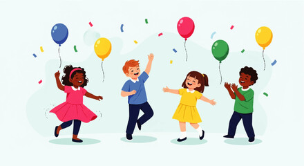 Diverse Children Celebrating with Balloons and Confetti.