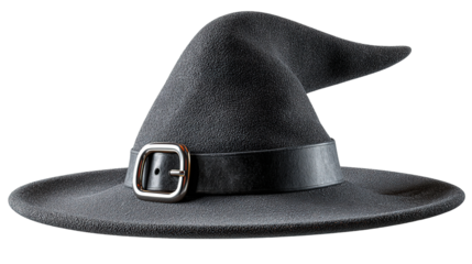 Witch Hat: A close-up studio shot of a classic black witch hat, featuring a wide brim and a pointed crown.