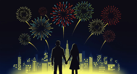 Couple Holding Hands Watching Fireworks Over City Skyline.
