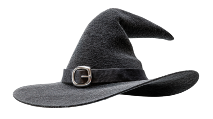 Witch's Hat: A classic dark gray witch's hat, complete with a distinctive pointed crown and a decorative buckle, symbolizing mystery and folklore.