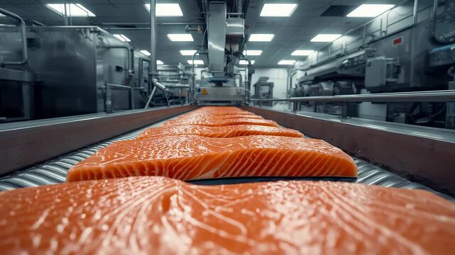 Fresh salmon fillets on automated conveyor belt in modern seafood processing factory showing industrial food production and quality control