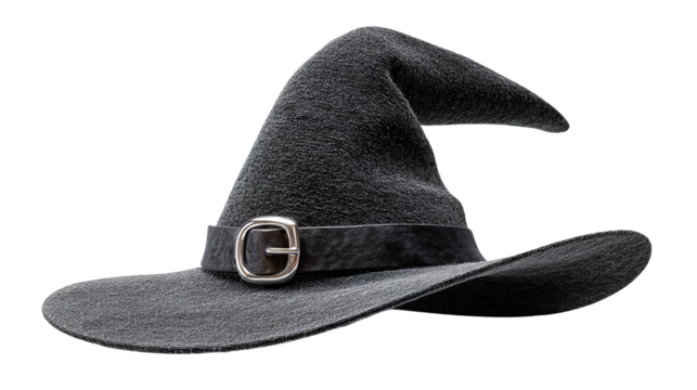 Witch's Hat: A classic dark gray witch's hat, complete with a distinctive pointed crown and a decorative buckle, symbolizing mystery and folklore.