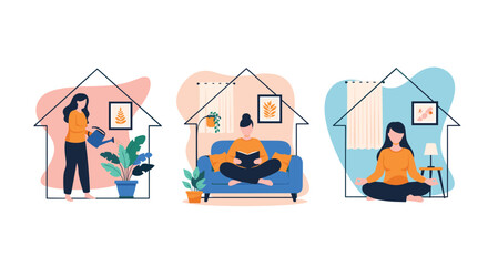 People engaging in self care activities at home to improve mental wellbeing.