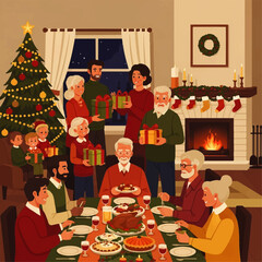 Festive Family Gathering Exchanging Christmas Gifts.