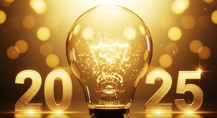 New year 2025 with light bulb and golden number for business idea and innovation
