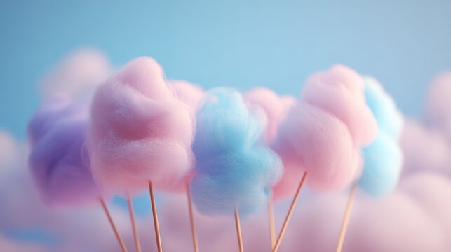 Fluffy pastel clouds of cotton candy against soft blue sky