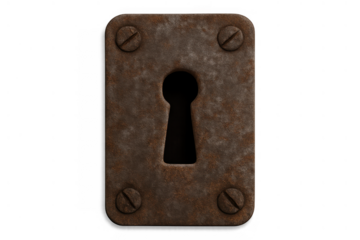 Rusty metal keyhole mechanism on isolated transparent background representing mystery, security, and access