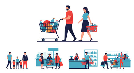 Happy family goes shopping for groceries and household items at the supermarket.