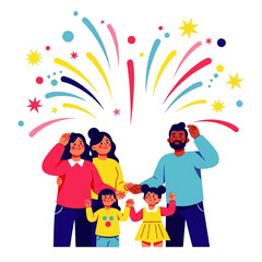 Happy Family Celebrating with Colorful Fireworks Display.
