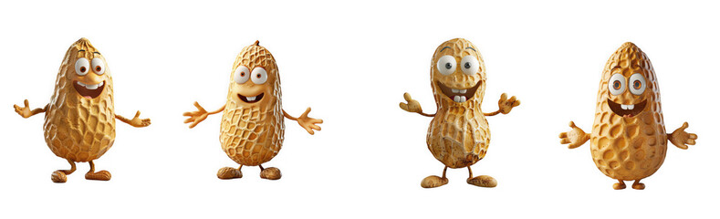 Four cartoon peanuts with funny faces and arms outstretched, isolated on transparent background