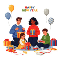 Happy New Year Family Opening Gifts Together.