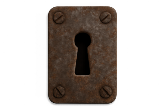 Rusty metal keyhole mechanism on isolated transparent background representing mystery, security, and access