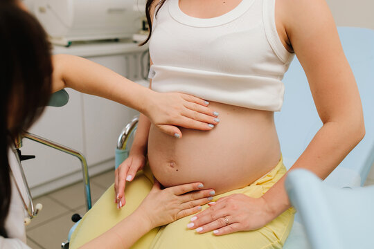 Gynecologist examines a pregnant woman belly during a routine prenatal checkup. During a prenatal visit, the gynecologist palpates the pregnant woman abdomen to check the baby growth and position. - Powered by Adobe