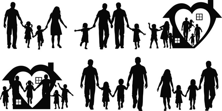 Happy family together holding hands silhouette, parents and children walking with love home heart concept, unity and care, cad drawing flat vector illustration