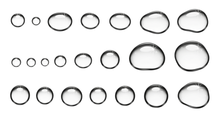 Collection of water drops of different sizes isolated on transparent background
