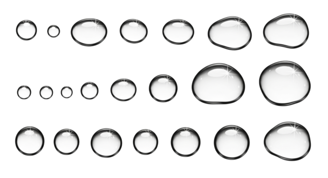 Collection of water drops of different sizes isolated on transparent background
