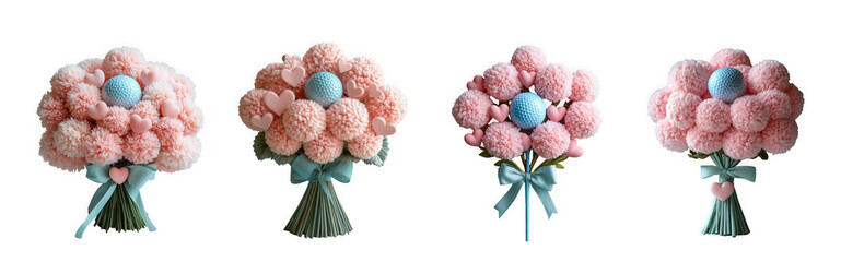 Four pink and blue pompom flower bouquets tied with ribbon, isolated on transparent background