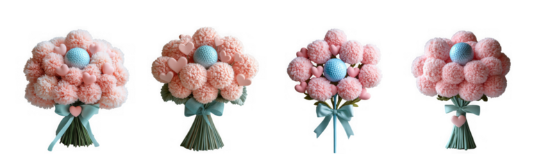 Four pink and blue pompom flower bouquets tied with ribbon, isolated on transparent background