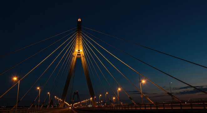 Illuminated cable-stayed bridge structure stands prominently against the deep twilight sky - Powered by Adobe