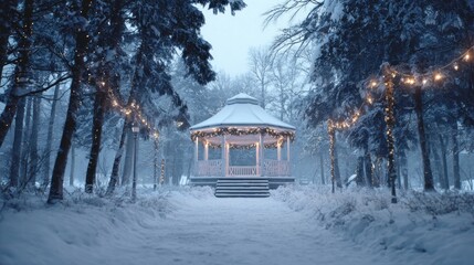 A snowy path leading to a decorated gazebo in a winter park,