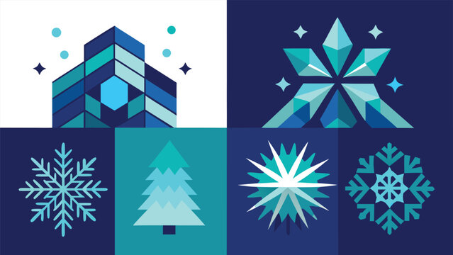 Christmas cards adorned with snowflakes and trees, highlighting seasonal cheer and winter motifs..eps