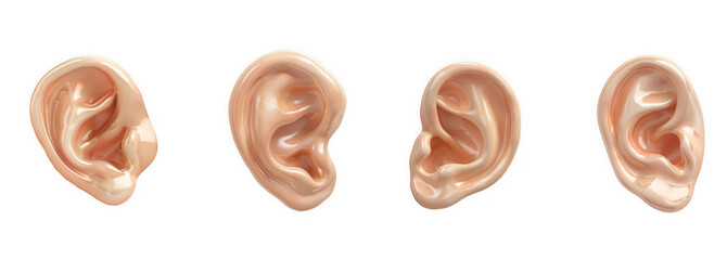 Four realistic human ears shown from different angles, isolated on transparent background