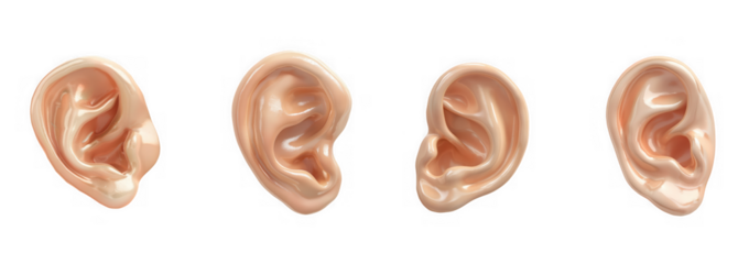 Four realistic human ears shown from different angles, isolated on transparent background