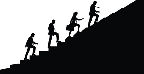 Business team silhouette climbing stairs, career growth, leadership success, teamwork ambition, professional development, corporate journey, goal achievement, motivation